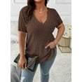 thumbnail image 2 of Women'S Plus Size Casual Tops V Neck Solid Color Shirts - Short Sleeve Blouses Coffee Color 5XL, 2 of 4