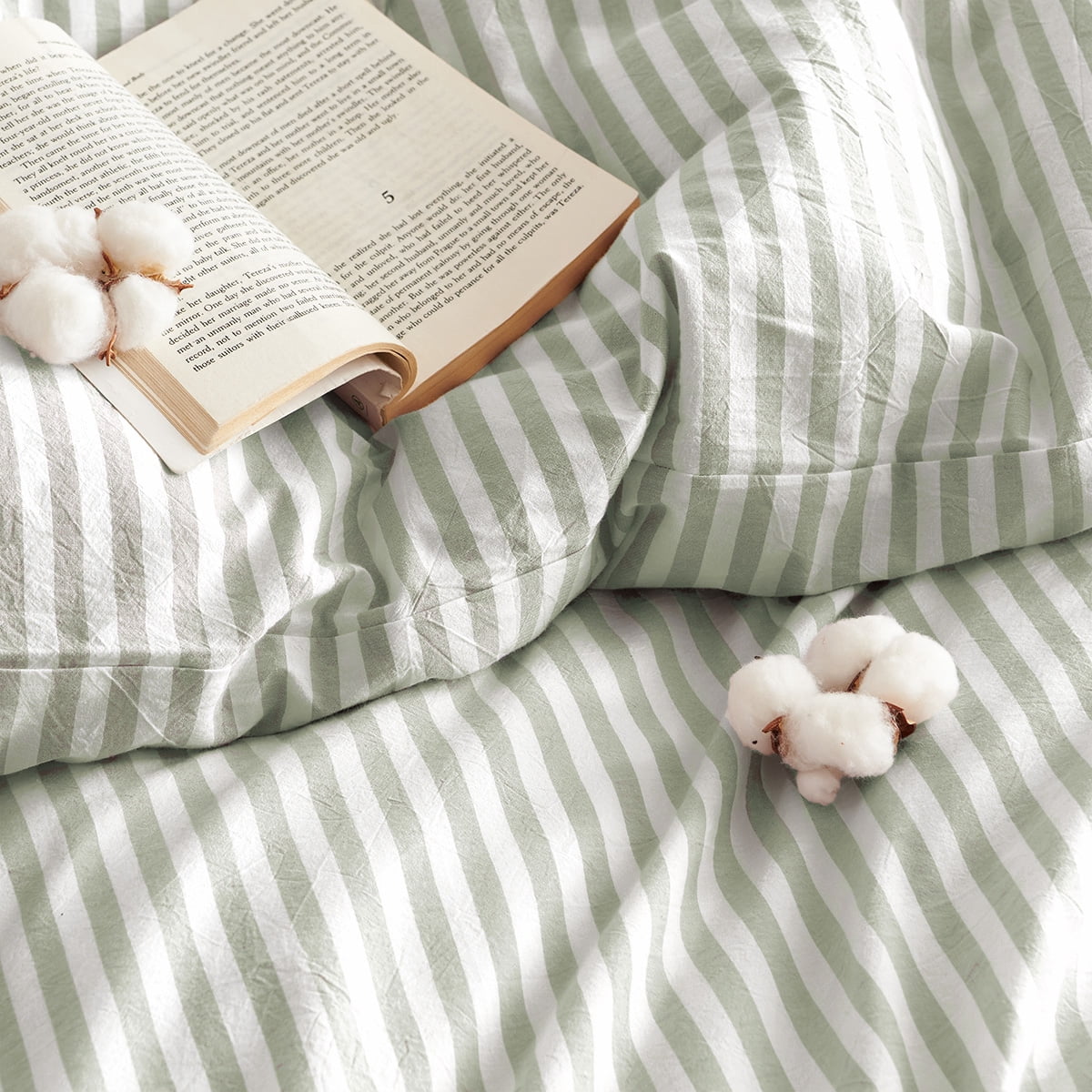 JOLUSERE 100% Organic Cotton Striped Duvet Cover King Set, 3-Piece Linen Like Textured Breathable Bedding Cover(Sage Green& White Classic Stripes)