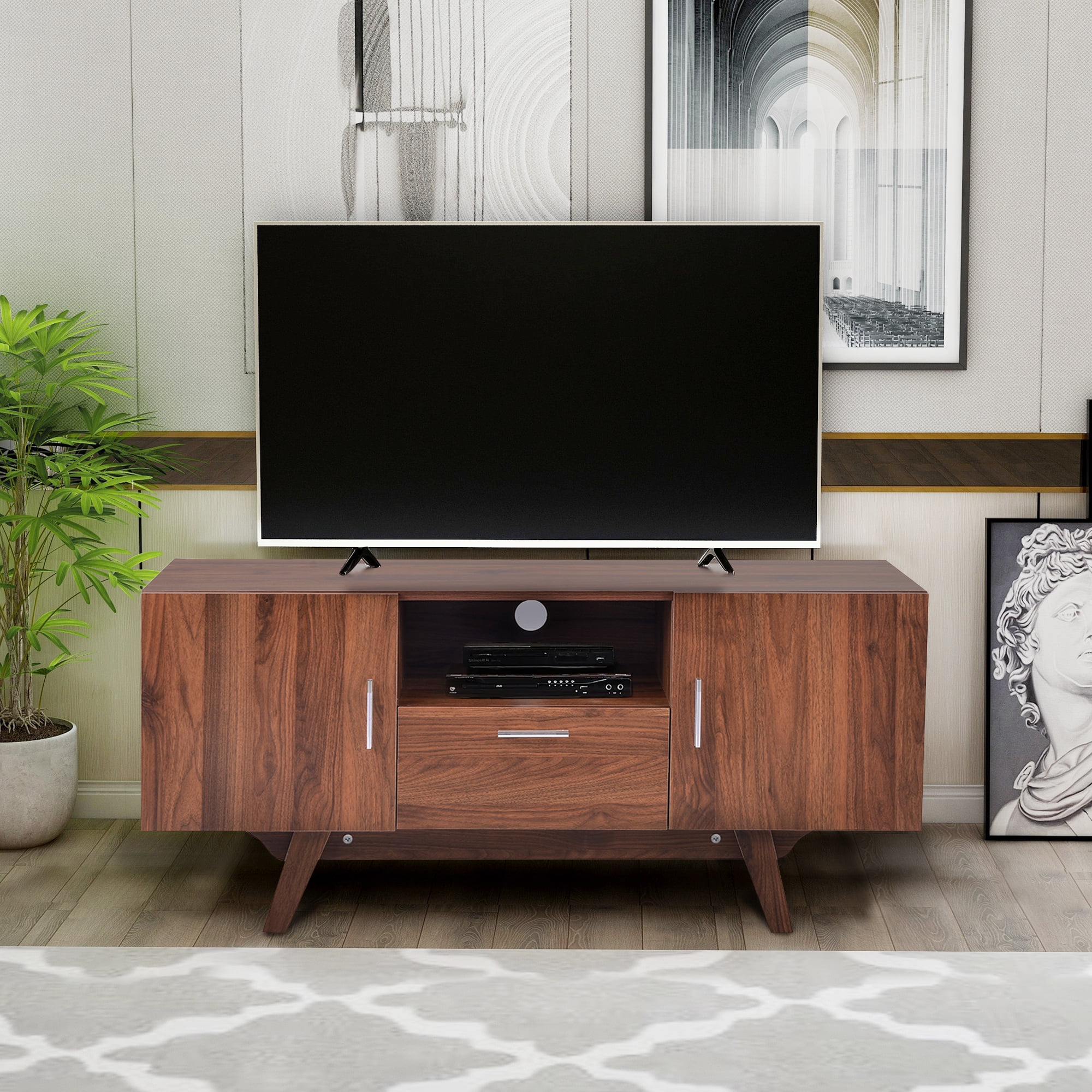TV Table with Adjustable Shelves, Modern Wood TV Console for 55 Inch TV