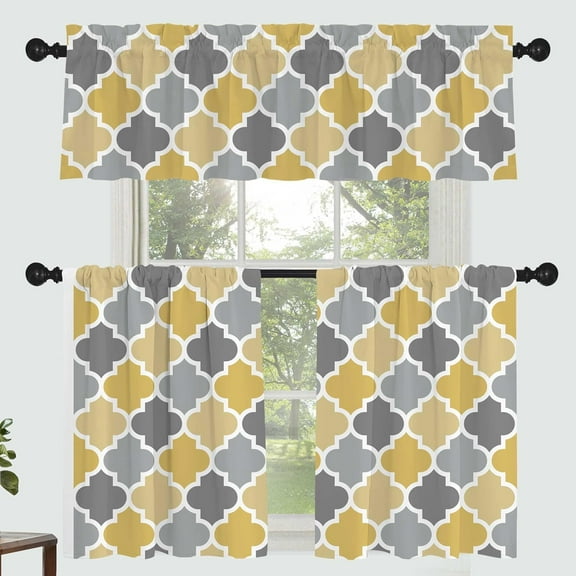 Yellow Gray Geometric Curtain for Kitchen Bathroom Modern Minimalist Rod Pocket Window Tier Curtains Valance Set 3 Pcs Vintage Aesthetic Printed Curtains 54 x 18 inches 27 x 36 inches *2