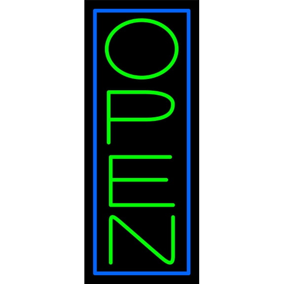 Blue Border With Green Vertical Open LED Neon Sign 15 x 6 - inches, Black Square Cut Acrylic Backing, with Dimmer - Bright and Premium built indoor LED Neon Sign for storefront.