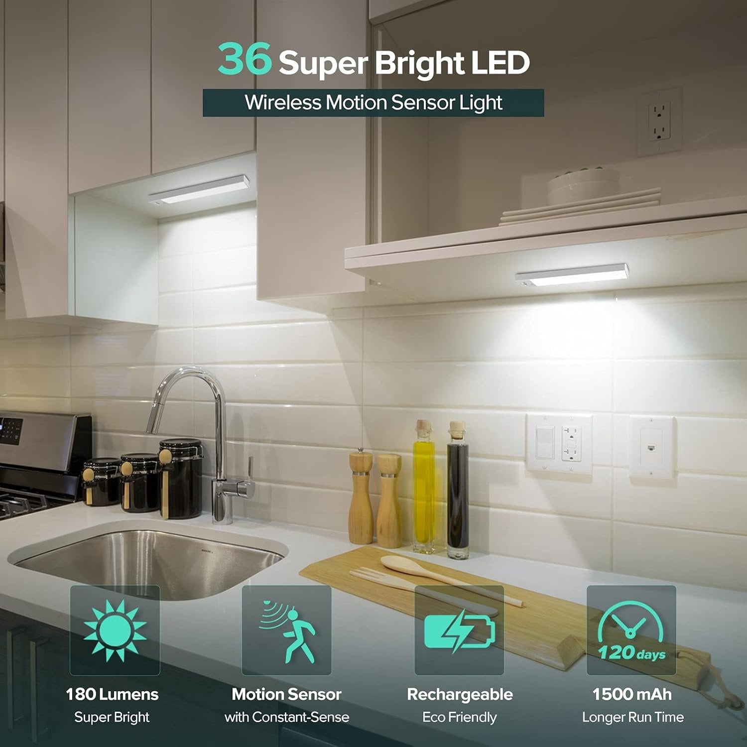36 LED Closet Lights Motion Sensored   LED Lights, Under Cabinet Lighting, Motion Sensor Light Indoor,  Lights, 1500mah Rechargeable  Operated Lights (3 Pack)