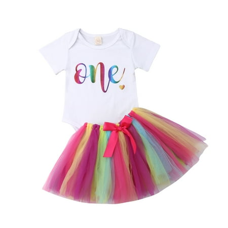 

Qmyliery 2Pcs Baby Girls Clothes Set Letter Print Short Sleeve Romper + Bowknot Tutu Skirt Summer Outfits