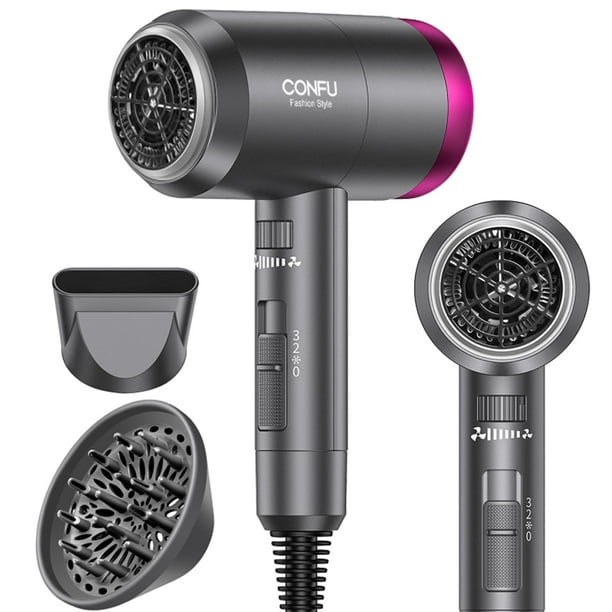 CONFU Secador de Pelo Iónico 1600W, Secador de Pelo Portátil, Ligero, de Secado Rápido, Iones Negativos, 3 Configuraciones de Calor y Velocidad Infinita, con Difusor y Boquilla Concentradora para Hoga