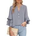 thumbnail image 6 of Hilenly Boho Tops for Women 3/4 Ruffle Sleeve Blouse V Neck Cotton Linen Shirts Tunic Shirts, 6 of 10