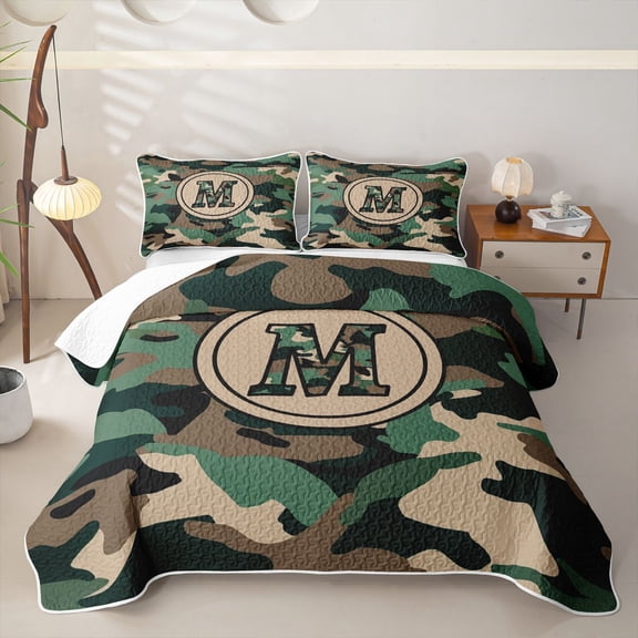 meiyoeat Camo Letter M Twin Quilt Set for Boys, Vintage Camouflage Twin Coverlet Set for Bedroom, Green, 2-Piece