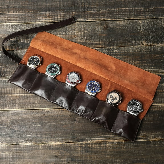 6-Slot Leather Watch Roll Travel Case – Handmade Vintage Coffee Brown Wrap Organizer for Men’s Watches, Secure Storage for Travel & Display