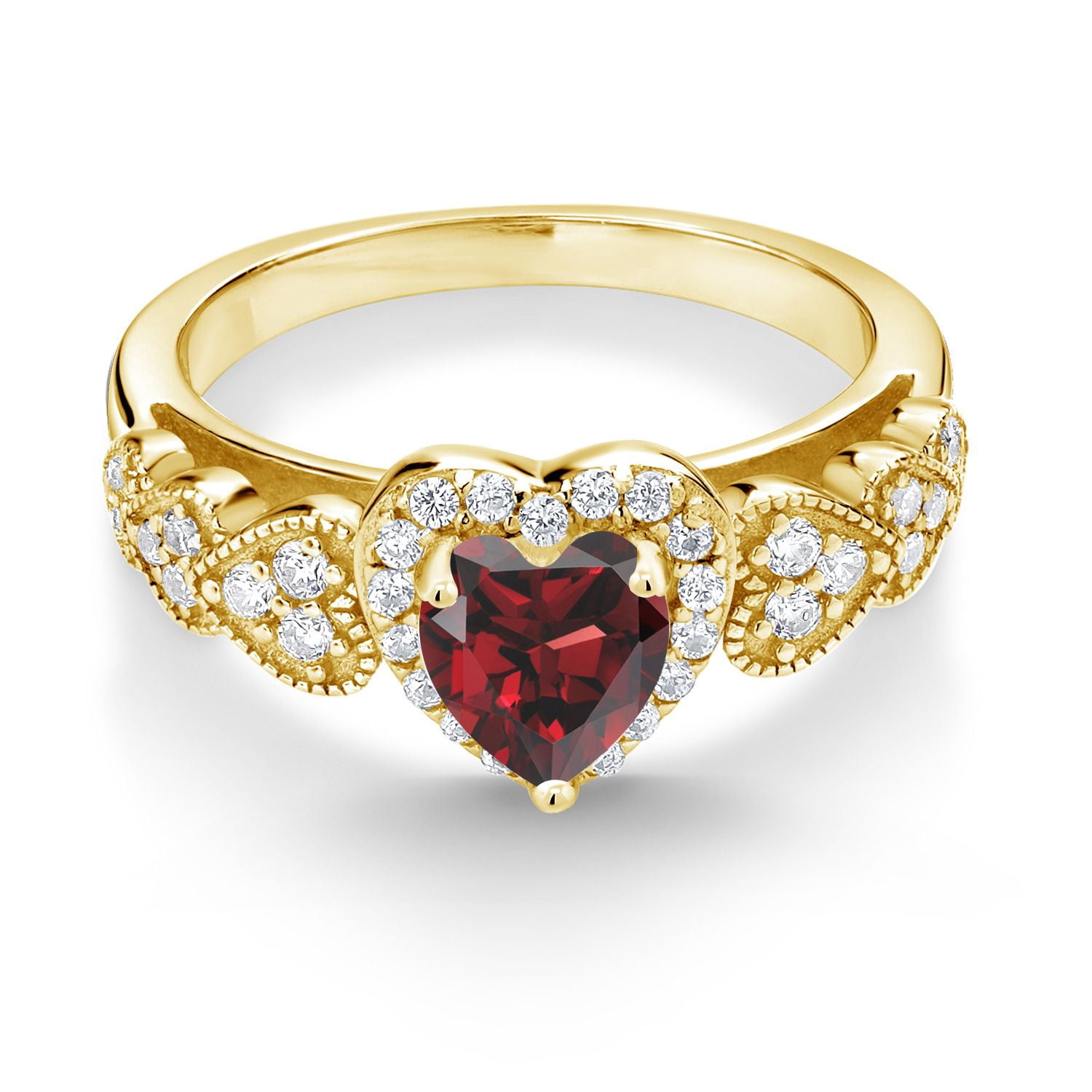 Gem Stone King 18K Yellow Gold Plated Silver Red Garnet Ring for Women (1.43 Cttw, Heart Shape 6MM, Gemstone Birthstone, Available in Size 5, 6, 7, 8, 9)