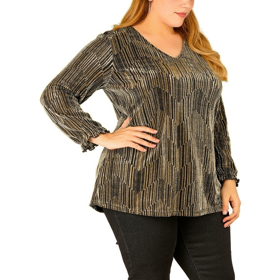 Unique Bargains Women's Plus Size Glitter Sparkle V Neck Metallic Party Sequin Blouse 2X Gold