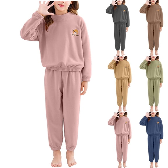 Bixock Toddler Girls 2 Piece Set Graphic Crew Neck Fleece Top and Jogger Pants Set Girls Fall Outfits Set Casual Soft Breathable Warm Sleepwear Homewear Kids Clothings 2-12 Years