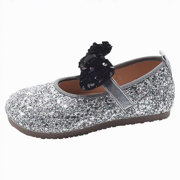 enyan Girls Dress Shoes Mary Jane Princess Shoes Girls' Flats Glitter Low Heels Flower Wedding Party Footwear for Toddler Little/Big Kid Toddler Girl Dress Shoes,Silver,Size 6