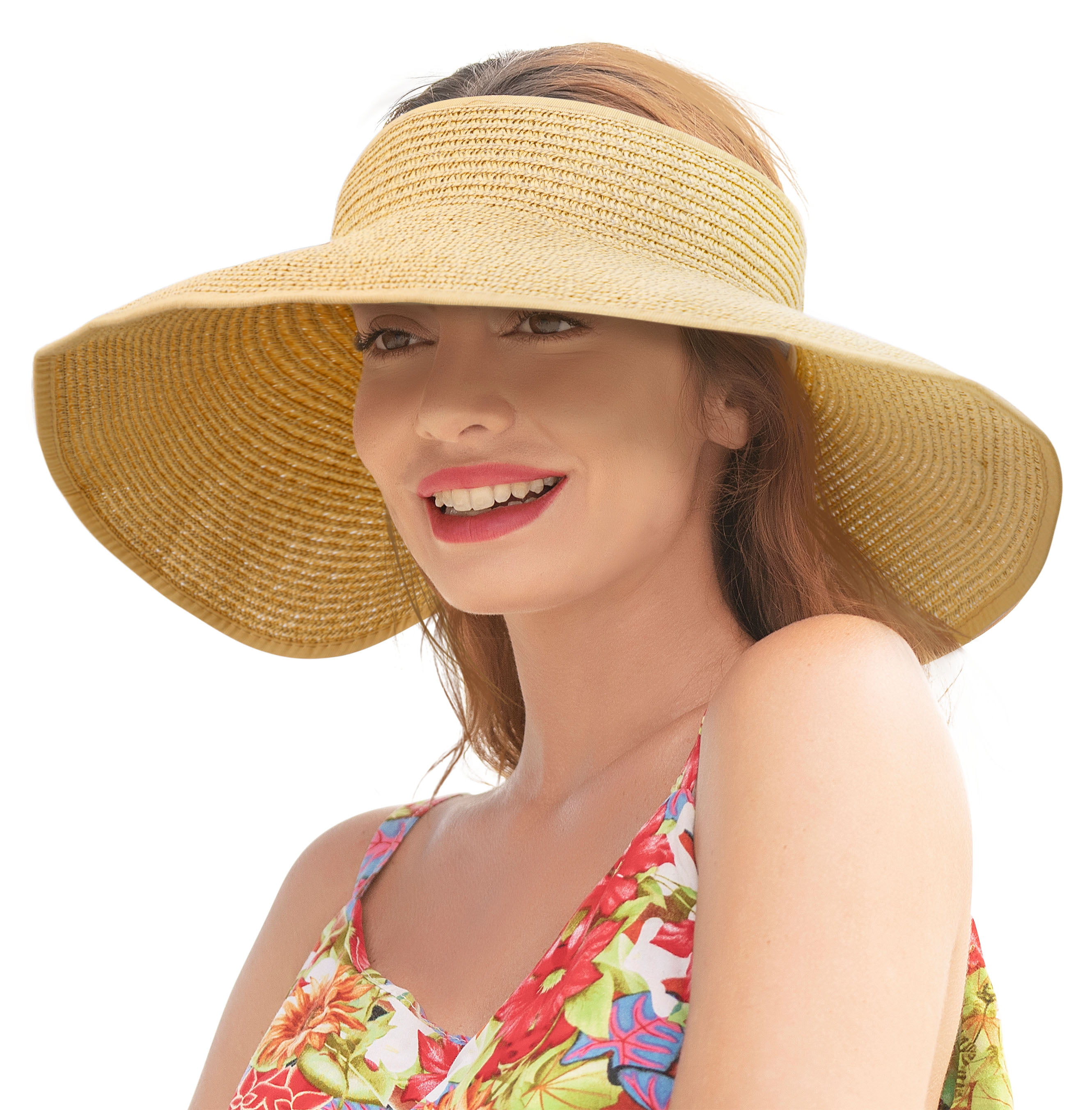 TAUT Womens Roll up Wide Brim Straw Hat Visor with Bow,Beige 