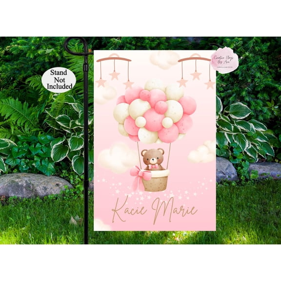 Garden Flag Personalized Baby Girl Flag Welcome Home Bear Announcement V462, 12x18 POLE NOT INCLUDED