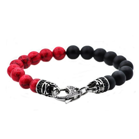 Arista Cubic Zirconia Diamonds Genuine Onyx And Red Fossil Stone Beaded Men's Bracelet in Stainless Steel, 8.5"