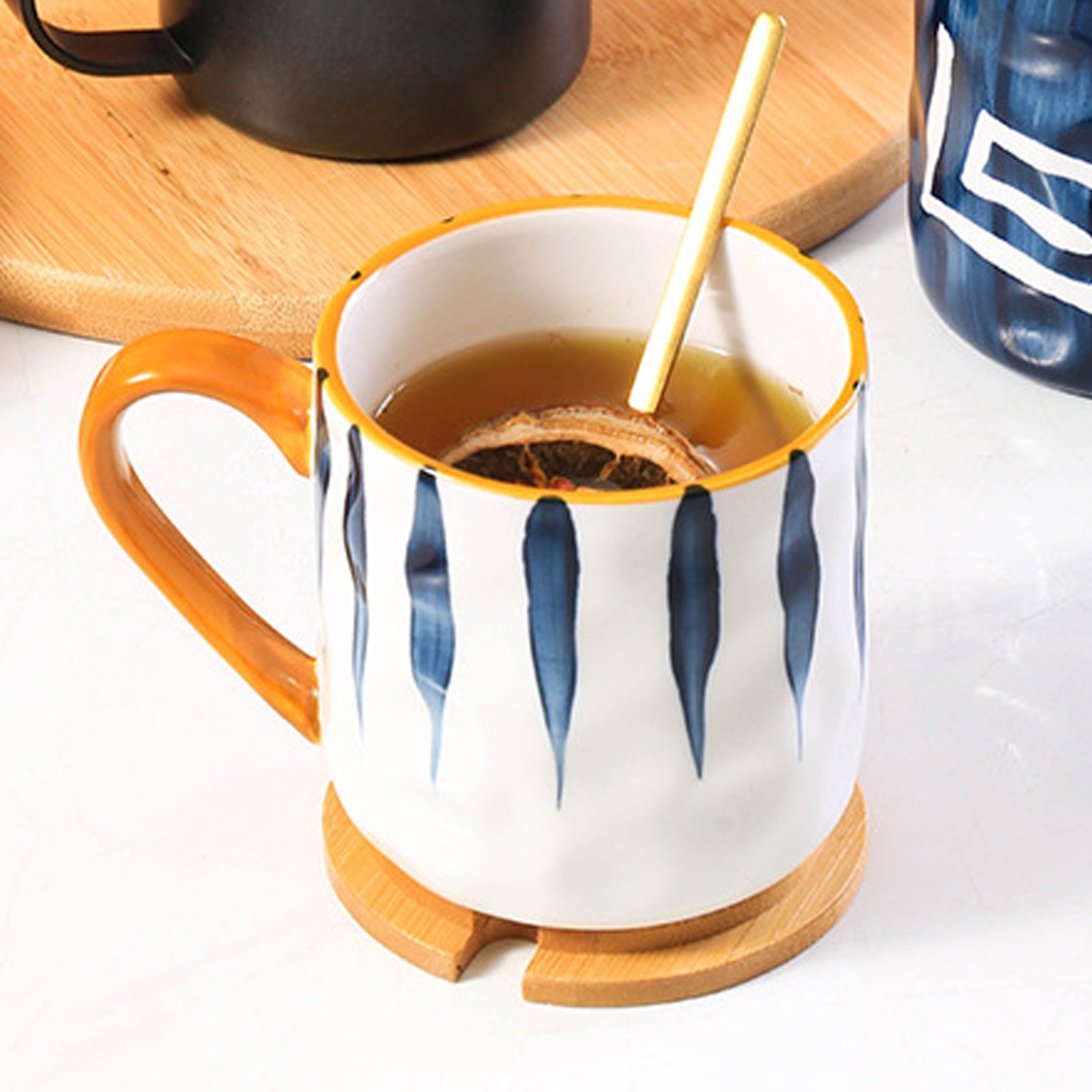400ml Porcelain cup with handle, ceramic coffee cup, blue stripes coffee cup, ceramic cup with gold rim, espresso cups, for coffee, tea, milk, cappuccino