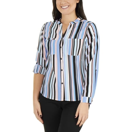 Petite Silk Mandarin Collar Shirt - Women's Petite 3/4 Sleeve Mandarin Collar Top