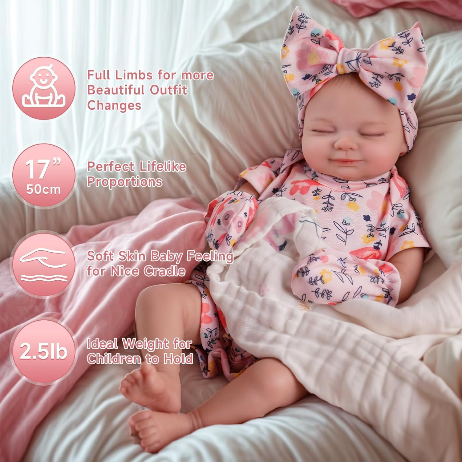 RSG 17 Inch Reborn Dolls with Soft Cloth Body Newborn Sweet Smile Sleeping Dolls Doll Girl with Gift Box for Cuddling, Role Playing and Collection