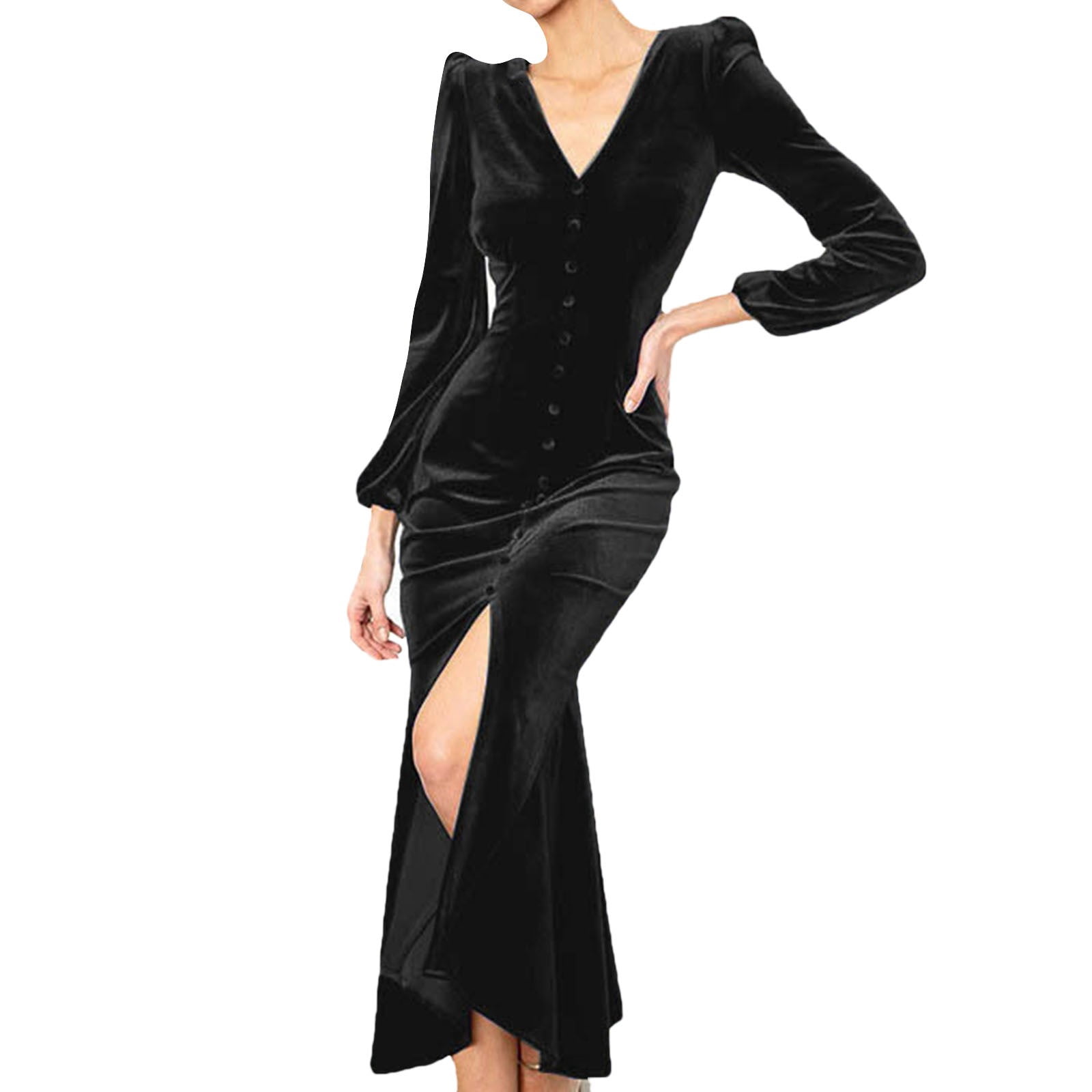 Sayhi Women Autumn And Winter V Neck Shoulder Pads Long Sleeved Dress