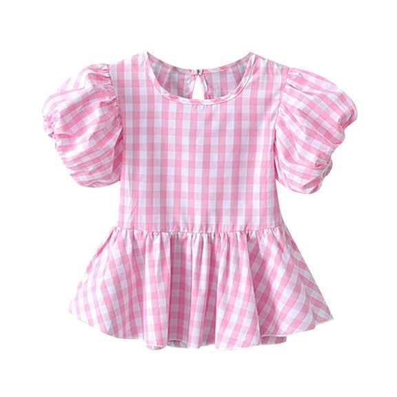 Toddler Girls Puff Sleeve Gingham Shirts Plaid 𝐑uffle Blouse Girls Casual Tops Crewneck Tee Shirt Baby Pleated Clothes