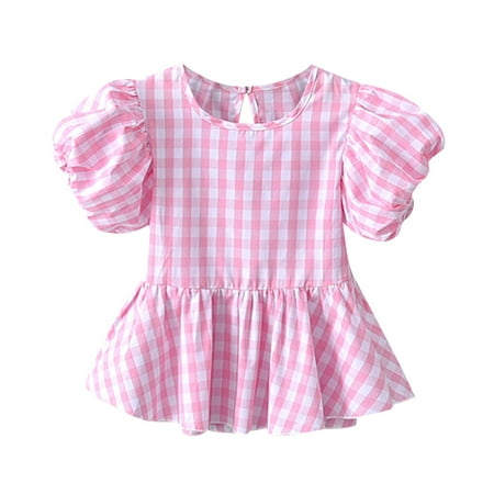 

HIBRO Girls Summer Plaid Top Pleated Hem Crew Neck Short Sleeves Casual Seaside Exclusive For 0 To 6 Years Dressy Top Girls Rainbow Shirt for Girls