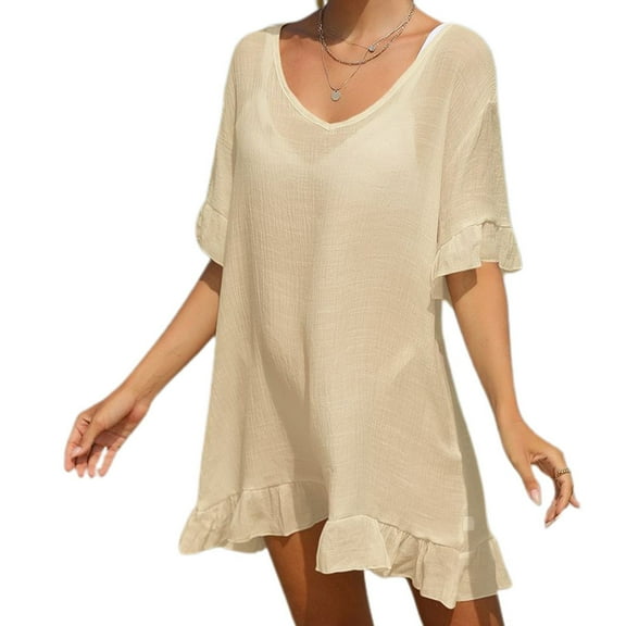 SWSMCLT Women's Sheer Cover Up Dress Light Chiffon Soft Beach Spaghetti Strap Bikini Cover Up V Neck Beachwear Apricot Small-X-Large