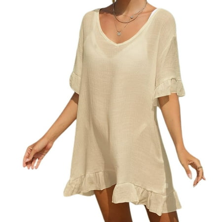 SWSMCLT Women s Sheer Cover Up Dress Light Chiffon Soft Beach Spaghetti Strap Bikini Cover Up V Neck Beachwear Apricot Small-X-Large