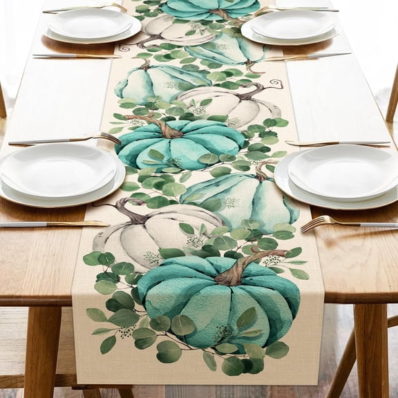 Fall Pumpkin Eucalyptus Leaves Table Runner, Thanksgiving Watercolor Blue Teal Scarf Home Kitchen Decor, Autumn Farmhouse Rustic Burlap Dining Decoration Indoor Outdoor Party Supply 13x72 Inch