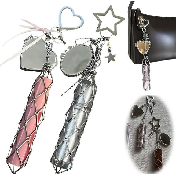 Chic Lip Gloss Holder with Mirror, Lipstick Holder Stainless, 2‑in‑1 Lipstick Holders for Purse, Small Bling Crystal Lipsticks Storage Bag Key Chain, Personalized Lip Balm Case Charms Gifts