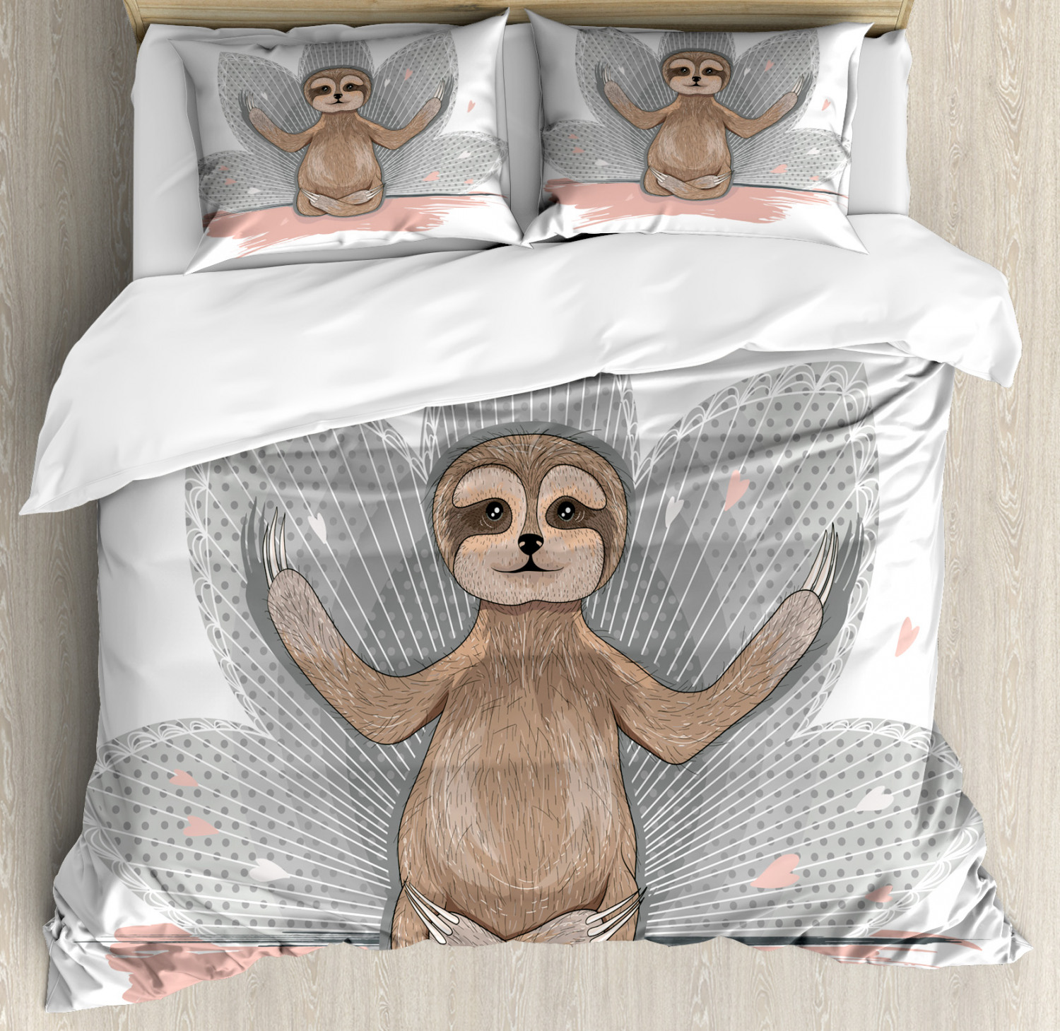 Sloth Duvet Cover Set Queen Size, Little Cute Sloth Meditation Lotus