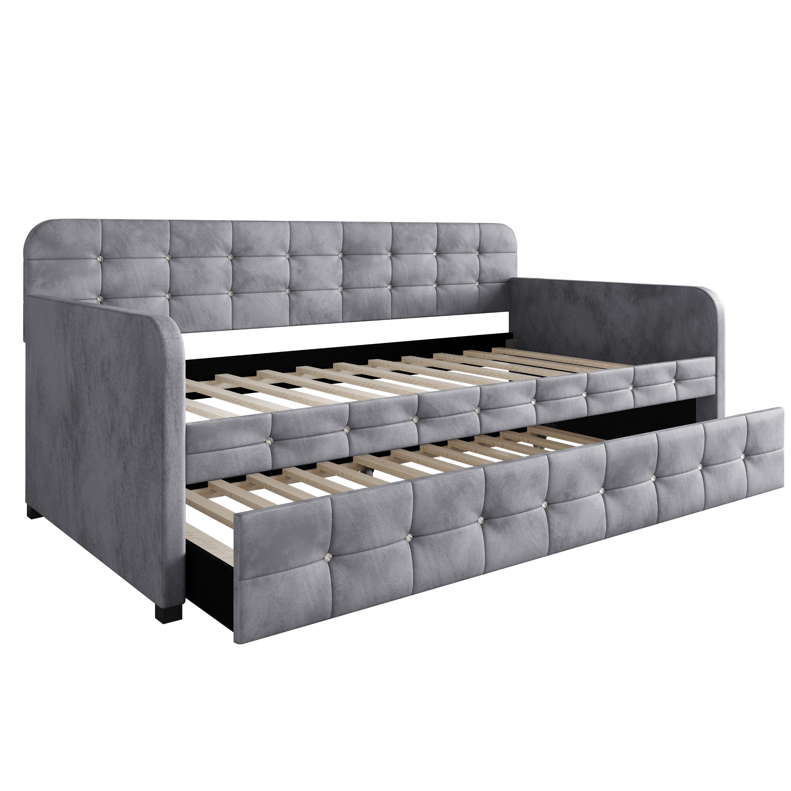 Home Design Elyria Twin Daybed with Velvet Upholstery, Diamond Button Tufting, Rounded Arms, Pull-Out Trundle, Solid Wood Frame, Stylish Seating and Sleeping, Gray