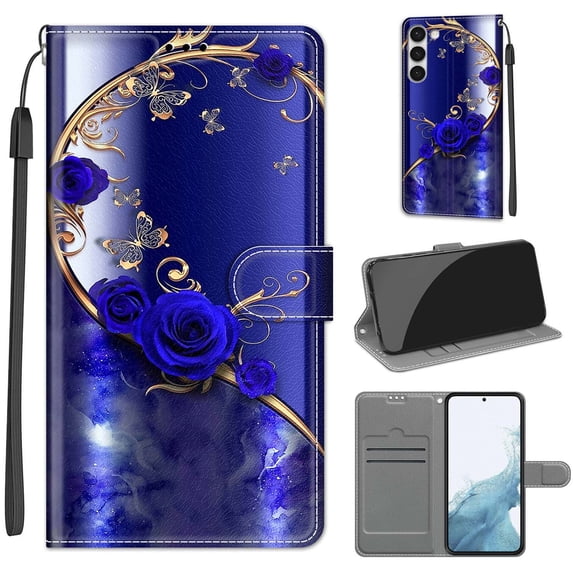 Flip Wallet Case for Samsung Galaxy S23 Plus, with Kickstand Credit Card Holder Slot Cute Pattern Magnetic Clasp Premium PU Leather Protective Case with Wrist Strap - Blue Rose + Golden Butterfly