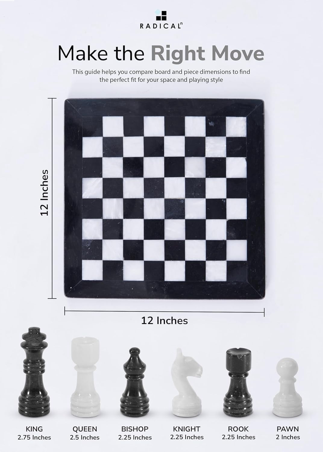 Radicaln Black and White Marble Chess Set 12 Inch Handmade Board – Luxury Gift for Father, Boss or Mentor – Thoughtful Father’s Day Pick for Him