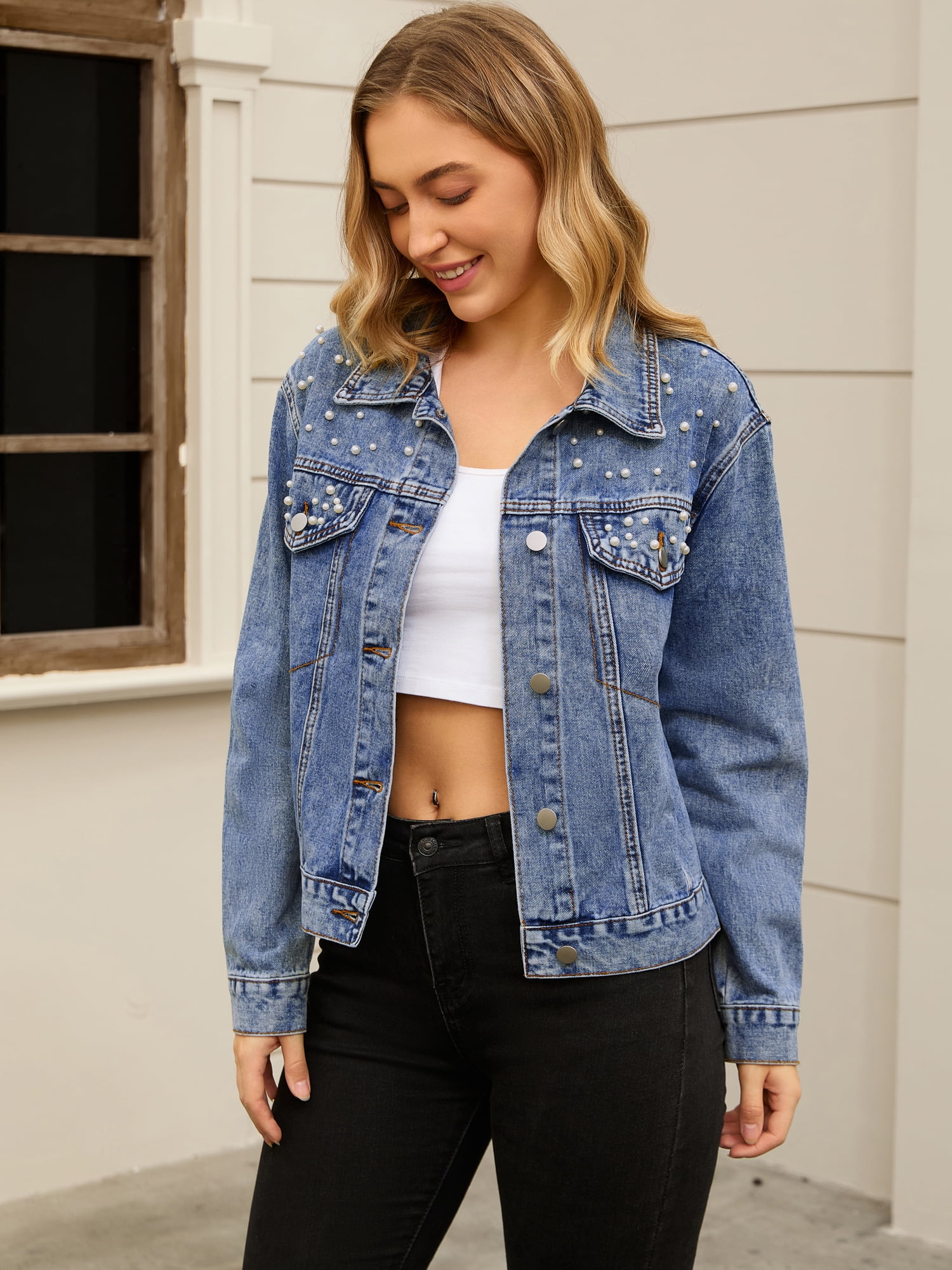 Unique Bargains Women's Jean Jacket Long Sleeve Button Up Denim Jackets M Blue