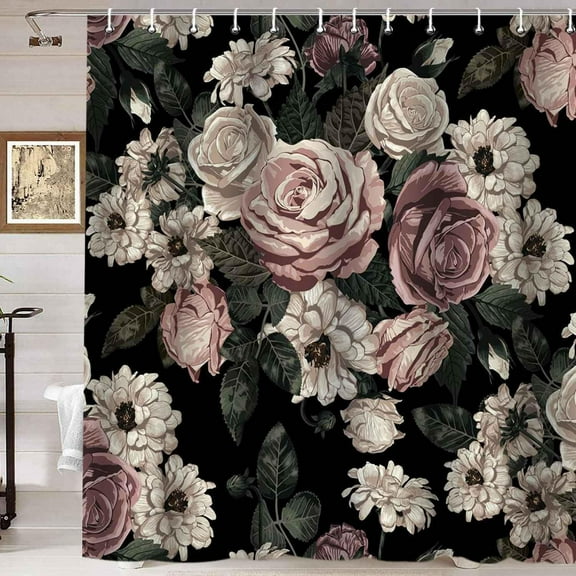 Black Floral Shower Curtain, Vintage White Pink Rose Blossom Watercolor Peony Flower Botanical Spring Boho Gothic Girls Women Bathroom Decor, Waterproof Fabric Shower Curtain, 72 X 72 Inch