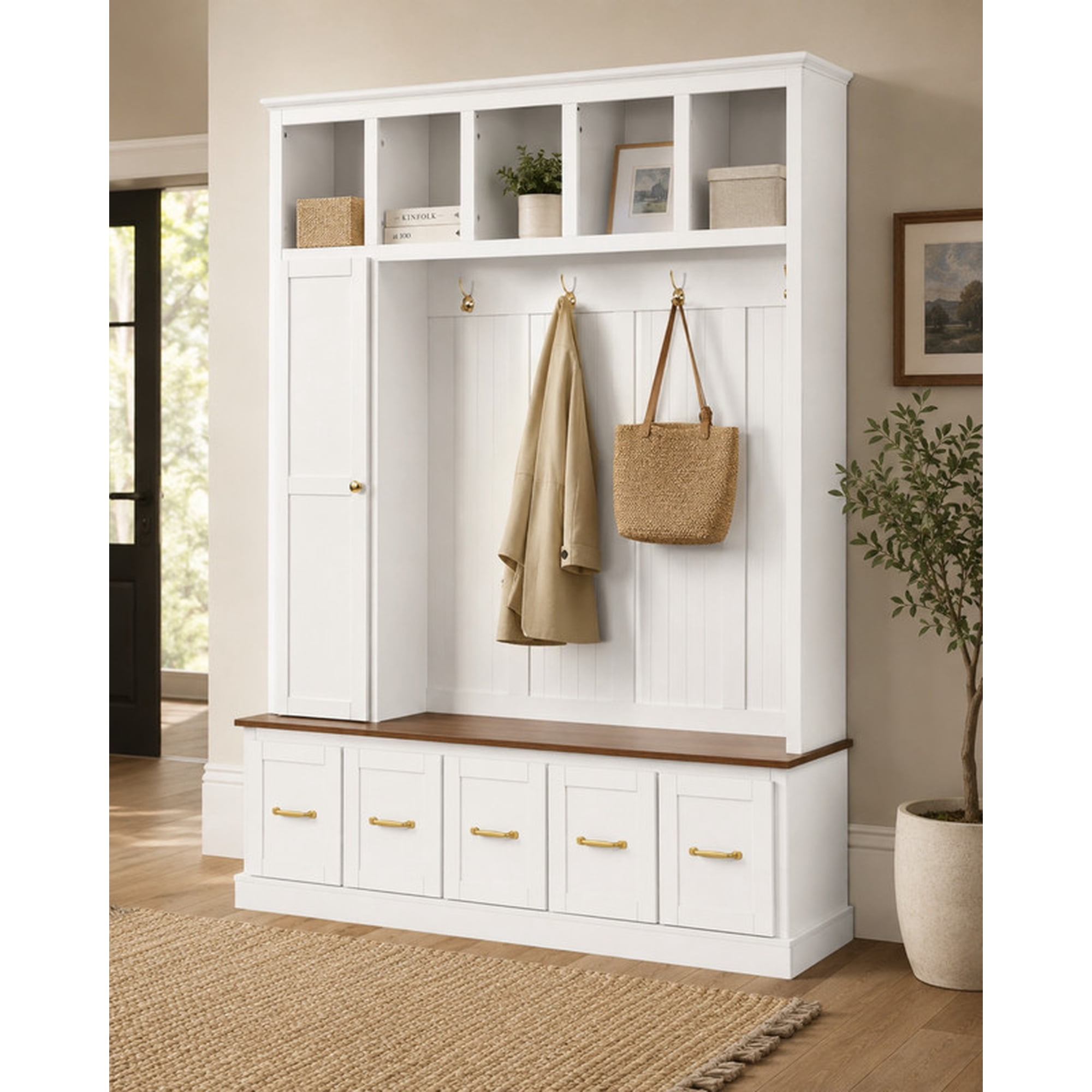 Farmhouse Hall Tree with Open Cubbies Entryway Coat Rack with Hooks Multi-Functional Mudroom Organizer with Storage Drawers for Shoes Bags and Accessories