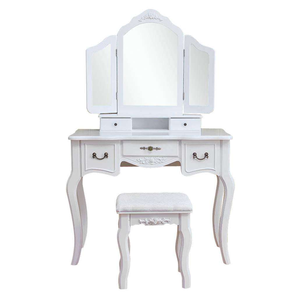 Details about   Girls Women Dressing Table Stool Vanity Makeup Set Tri-Folding Mirror 5 Drawers 