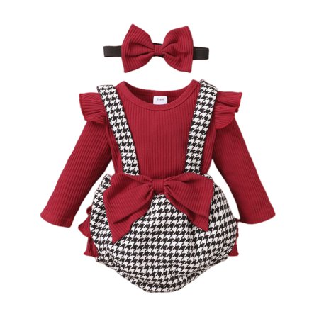 

Infant Baby Girl Clothes Ruffle Long Sleeve Romper Plaid Overalls with Headband 3pcs Toddler Fall Outfits A 18-24 Months