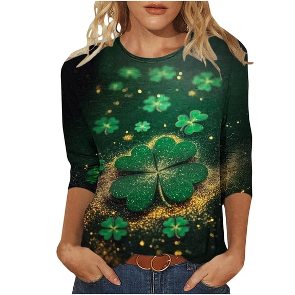 Womens St Patricks Day Shirt 3/4 Sleeve Casual Tunic Love Shamrock Tops Loose Fit Crew Neck Tshirt Irish Green Tee Shirt
