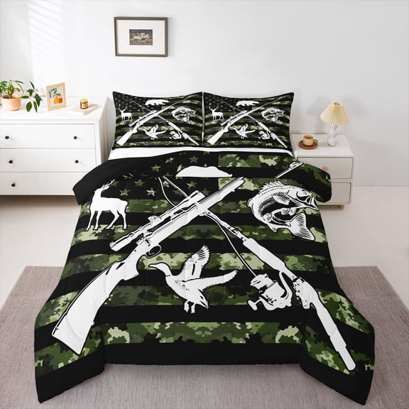 Erosebridal Teens Camo American Flag Full Size Comforter Sets 3 Pieces,Adults Fishing And Hunting Mallard Duck Big Bass Fish Bedding Sets,Black Reversible