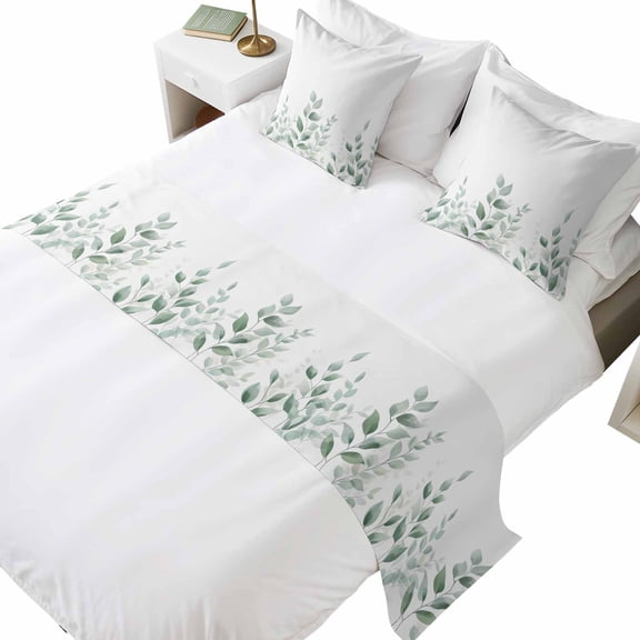 Bed Runner for Cal. King Size Bed, Sage Green Botanical Decorative Beds Runners and 2 Matching Pillow Covers Set, Pastoral Leaf Watercolor Beds Scarf Throw for Foot of Bedding Set for Hotel/Bedroom