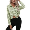 thumbnail image 2 of Lumento Ladies Blouse Button Down Shirts Lapel Tunic Tops Women Loose Shirt Satin Long Sleeve Light Green XL, 2 of 5