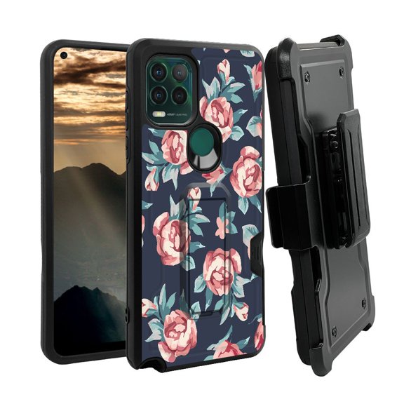 ANJ  Rugged Shockproof Holster Case w/Card Slot, Kickstand   Tempered Glass for Motorola Moto G Stylus 5G - Passionate Roses