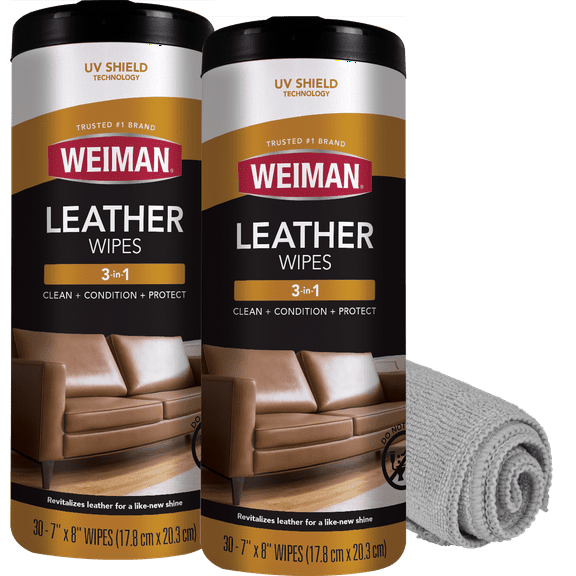 Weiman 3-1 Leather Cleaner & Conditioner Wipes with Microfiber Cloth - UV Protection, 2 Pack