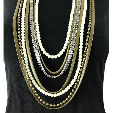 layered rhinestone necklace pearl beaded faux tone statement brass