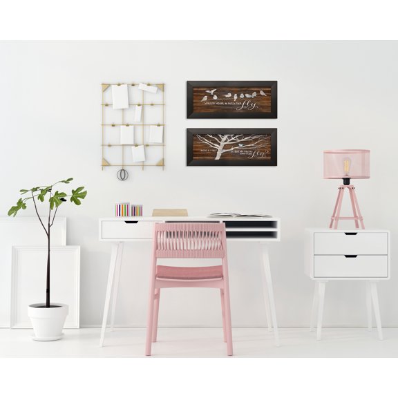 Gango Home Decor Contemporary Bird Inspirational Quote Wall Art; Two Brown 8x18in Art Prints in Black Frames