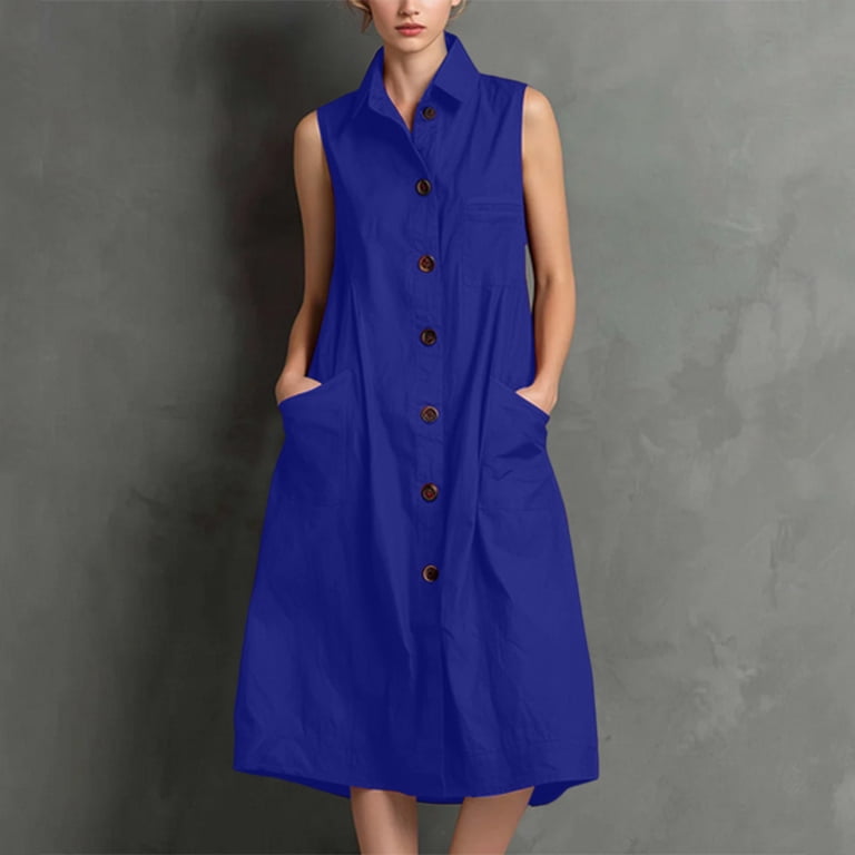 Stand Collar Dresses for Women Cargo Button Front Loose Linen Blend Midi Dress Breathable Office Vacation Summer Tank Dresses Blue 2XL