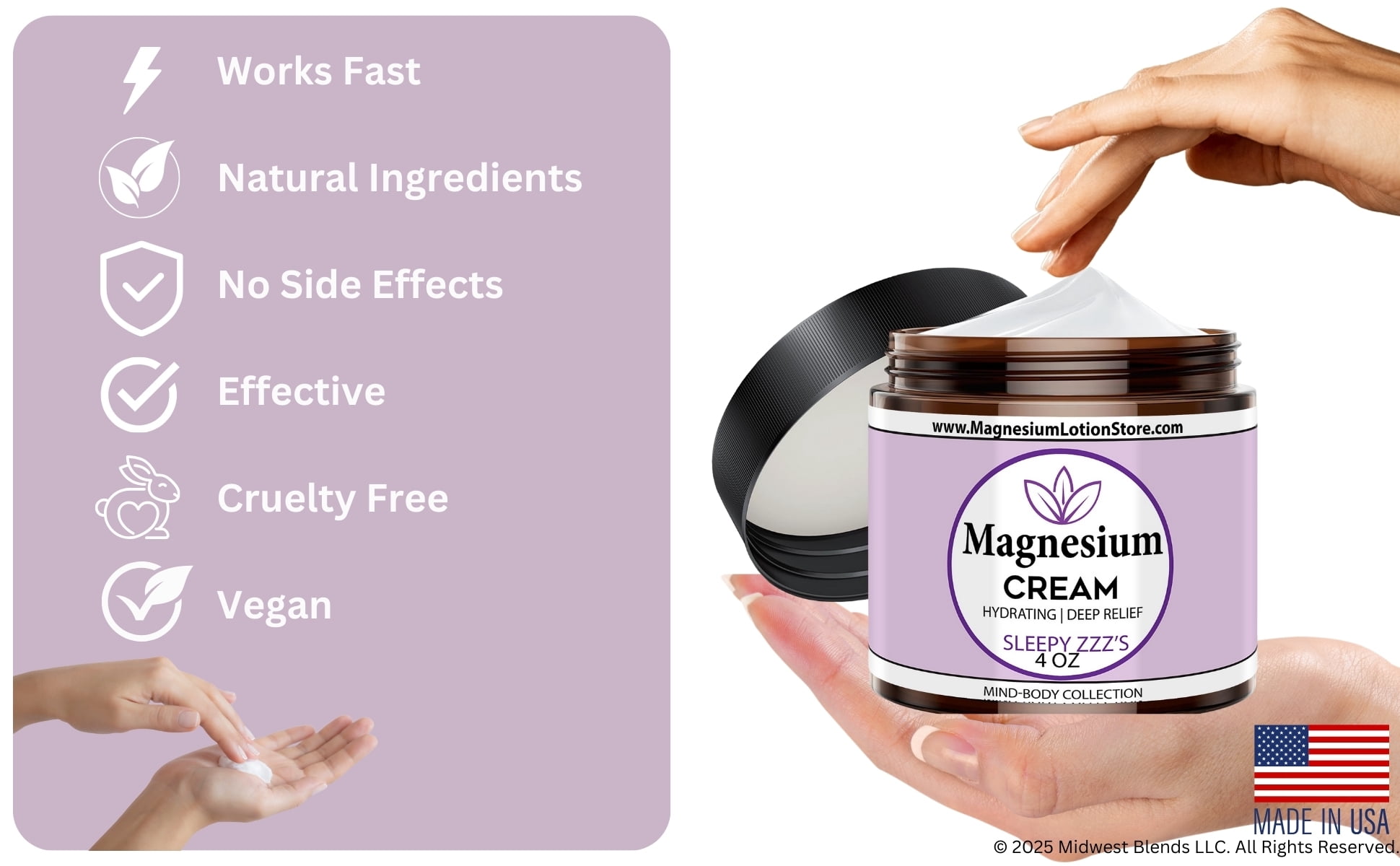 Magnesium Cream with Dead Sea Minerals – Fast Absorbing Topical Body Lotion – Lightweight, Non-Greasy Skin Moisturizer – Made in USA - SleepZZZ Scent