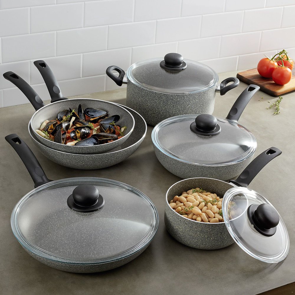 Ballarini 1889 Asti Aluminum Nonstick Cookware Set, 10Piece, Granite