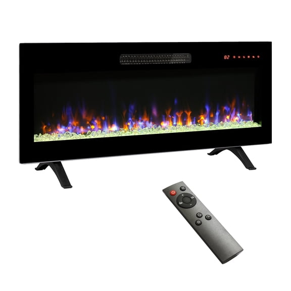 42 inch Recessed Ultra Thin Wall Mounted Electric Fireplace with Remote, Multi Color Flame & Ember Bed, LED Heater for Living Room, Antique Black, Tempered Glass Front
