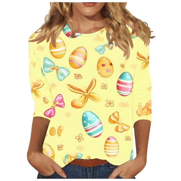 Idoravan Womens 3/4 Sleeve Tops And Blouses Ladies' Casual Easter print Round-neck Three quarter Sleeve T-shirt Top